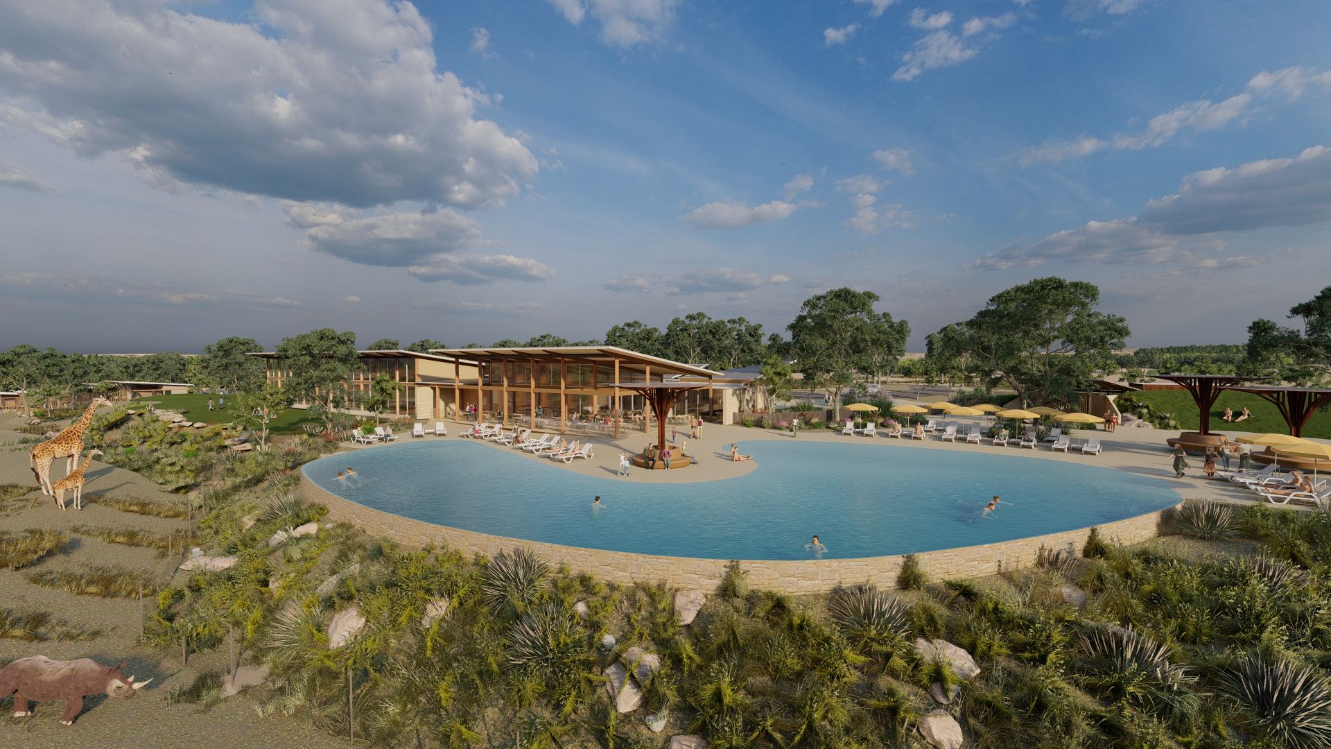 The Serengeti Resort will feature an infinity-edge pool overlooking herds of African wildlife roaming grassy plains.